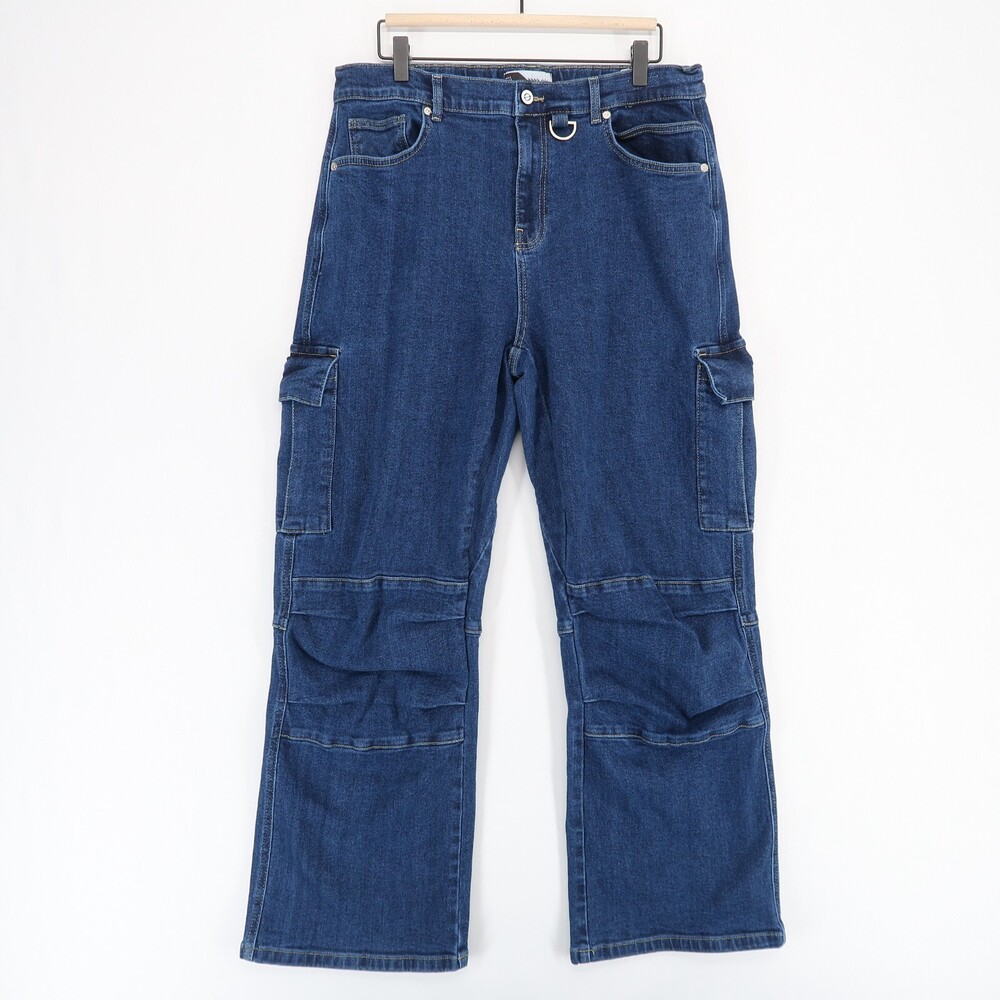Slo The 8 Pocket Cargo Jeans M Blue‎ Wide Leg High Rise Not Fast Fashion